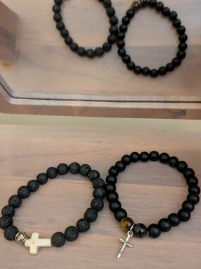 Beaded Cross Bracelet Duo - Black with Cross Charms